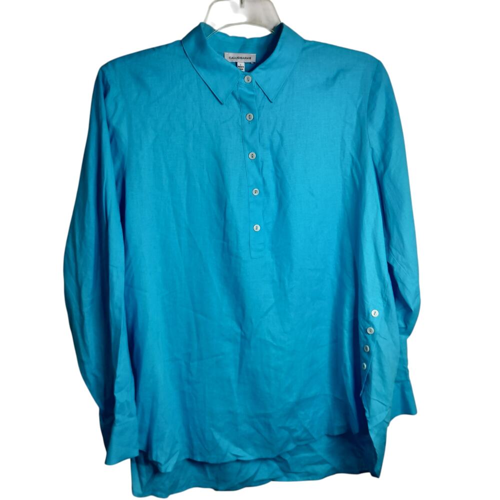 5145)Caligraphie Blue Linen Blend  Popover Minimalist Long Sleeve Tunic Top L